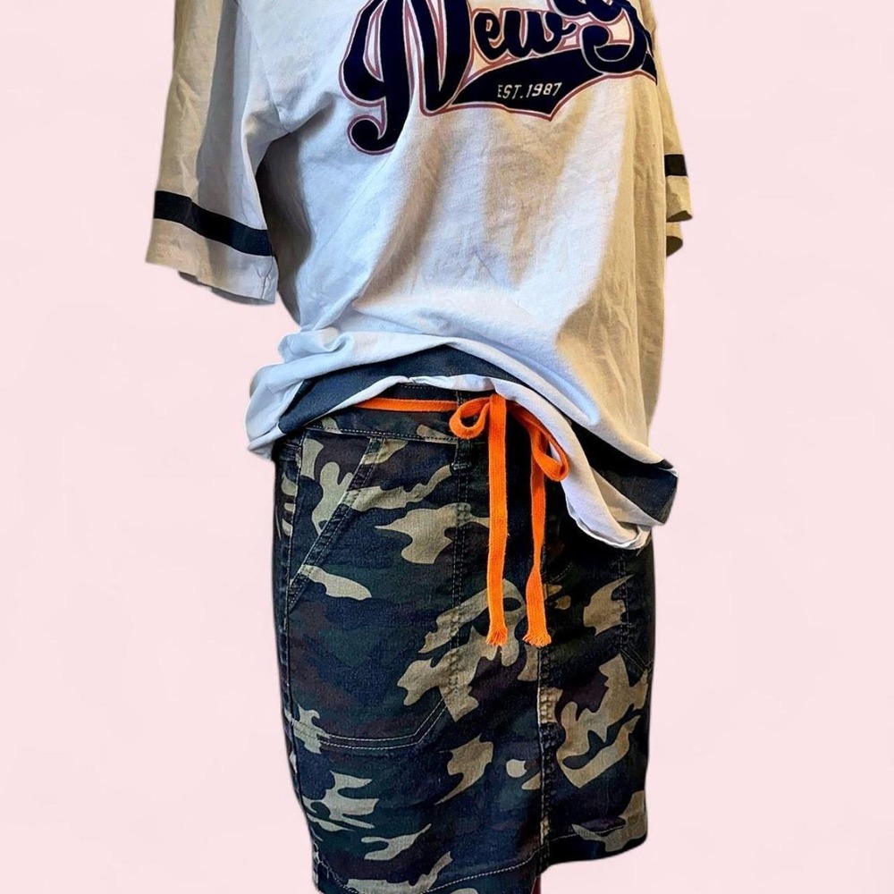 Y2K camo cargo shorts by VIP Jeans with a bright orange drawstring